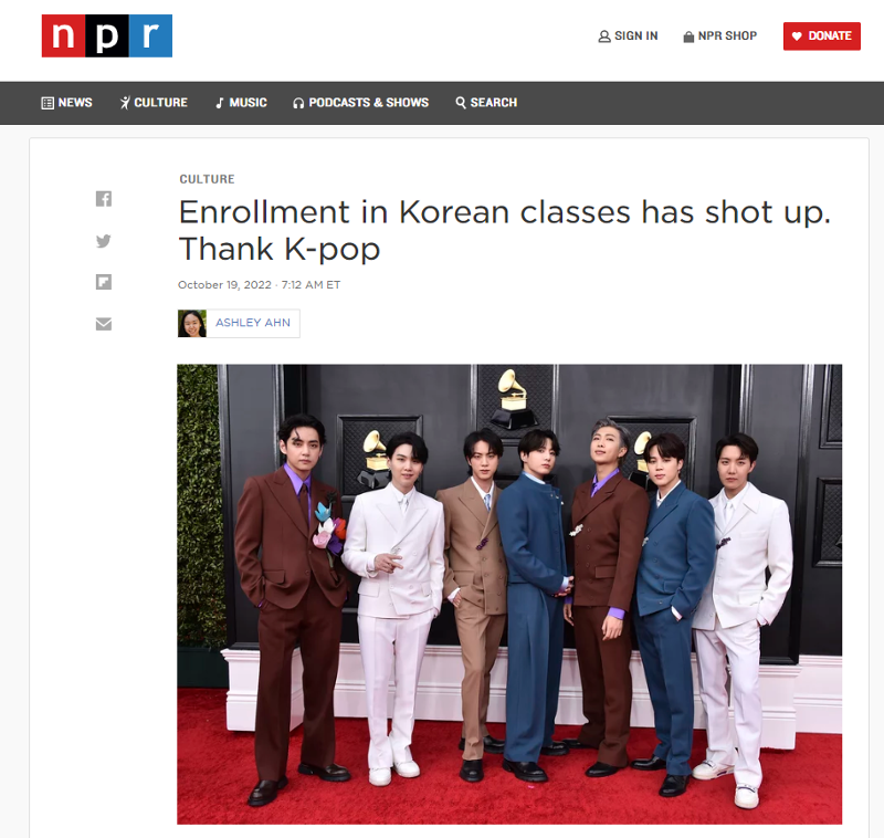 Le National Public Radio, abrégé en NPR, a rapporté le 19 octobre que la popularité des groupes de K-pop comme BTS a alimenté une hausse de la demande de cours de langue coréenne dans les universités américaines. (photo Capture d'écran du site Web NPR) 