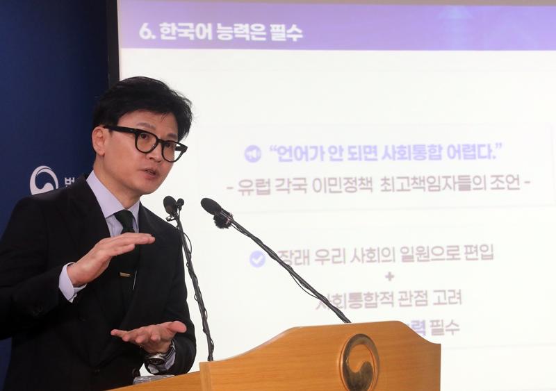 Le ministre de la Justice Han Dong Hoon tient une conférence de presse le 25 septembre sur la « politique innovante d'extension des visas pour le personnel hautement qualifié à 3 500 personnes (K-point E74) ». © Yonhap News 