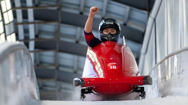 Le Sud-Coréen So Jaehwan a remporté l’or à l’épreuve de monobob, au centre de glisse d'Alpensia de Pyeongchang, le 23 janvier 2024.
