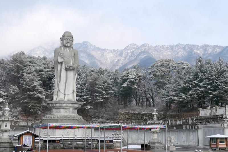 Le pied du mont Palgong vu depuis le Bhaisajyaguru du temple Donghwa.