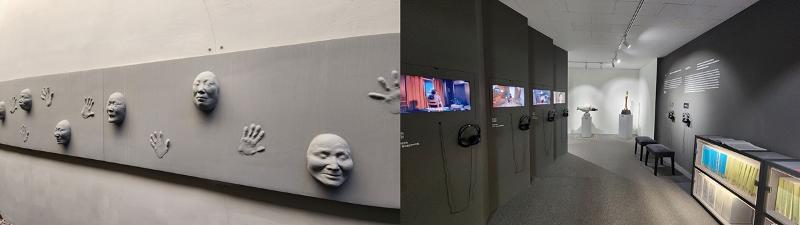 À gauche, une sculpture illustrant les mains et les visages des « femmes de réconfort », au War & Women's Human Rights Museum. À droite, l’entrée du North Korean Human Rights Museum. © Lee Jihae