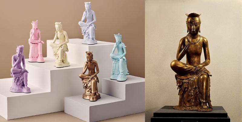 Miniatures de la statue du Bodhisattva pensif et œuvre originale créée à la fin du VIe siècle. © Fondation du musée national de Corée et Service du patrimoine coréen