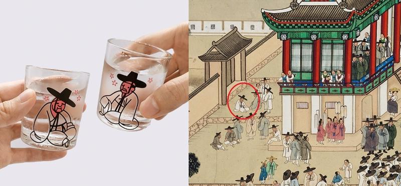 Verres de l’érudit ivre et oeuvre du peintre Kim Hong Do « Welcoming Banquet for the Governor of Pyeongan ». © Fondation du musée national de Corée et musée national de Corée