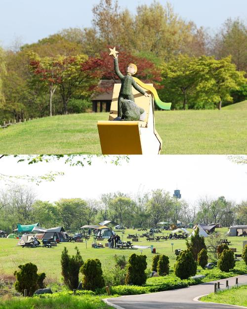 Une sculpture du Petit Prince et le camping installé au parc Noeul. © Lee Jeong Woo / Korea.net