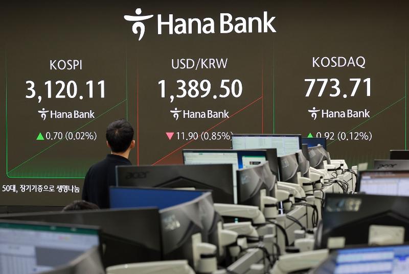 Un employé regarde l’écran de la salle des marchés au siège de la Hana Bank, à Séoul, le 4 août 2025. © Agence de presse Yonhap