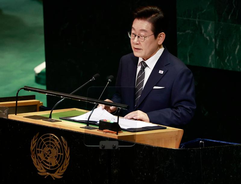 Le président Lee Jae Myung durant son discours devant la 80e Assemblée générale de l’ONU, à New York, le 23 septembre 2025. © Agence de presse Yonhap