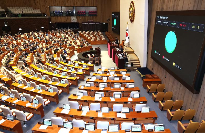 Les d&eacute;put&eacute;s r&eacute;unis pour une session pl&eacute;ni&egrave;re &agrave; l'Assembl&eacute;e nationale, &agrave; S&eacute;oul, le 25 f&eacute;vrier 2026. &copy; Agence de presse Yonhap