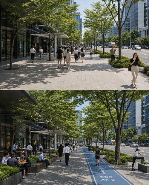 Mod&eacute;lisation avant-apr&egrave;s d&rsquo;une rue de S&eacute;oul avec des espaces ombrag&eacute;s. &copy; Ville de S&eacute;oul