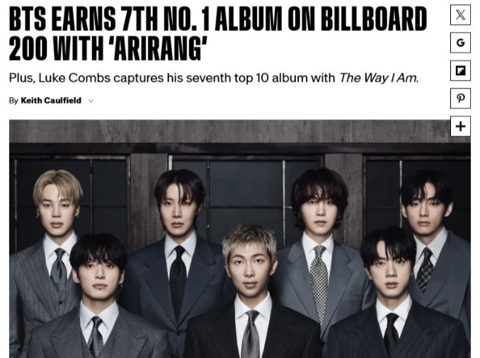 BTS en tête du Billboard 200 avec « Arirang »